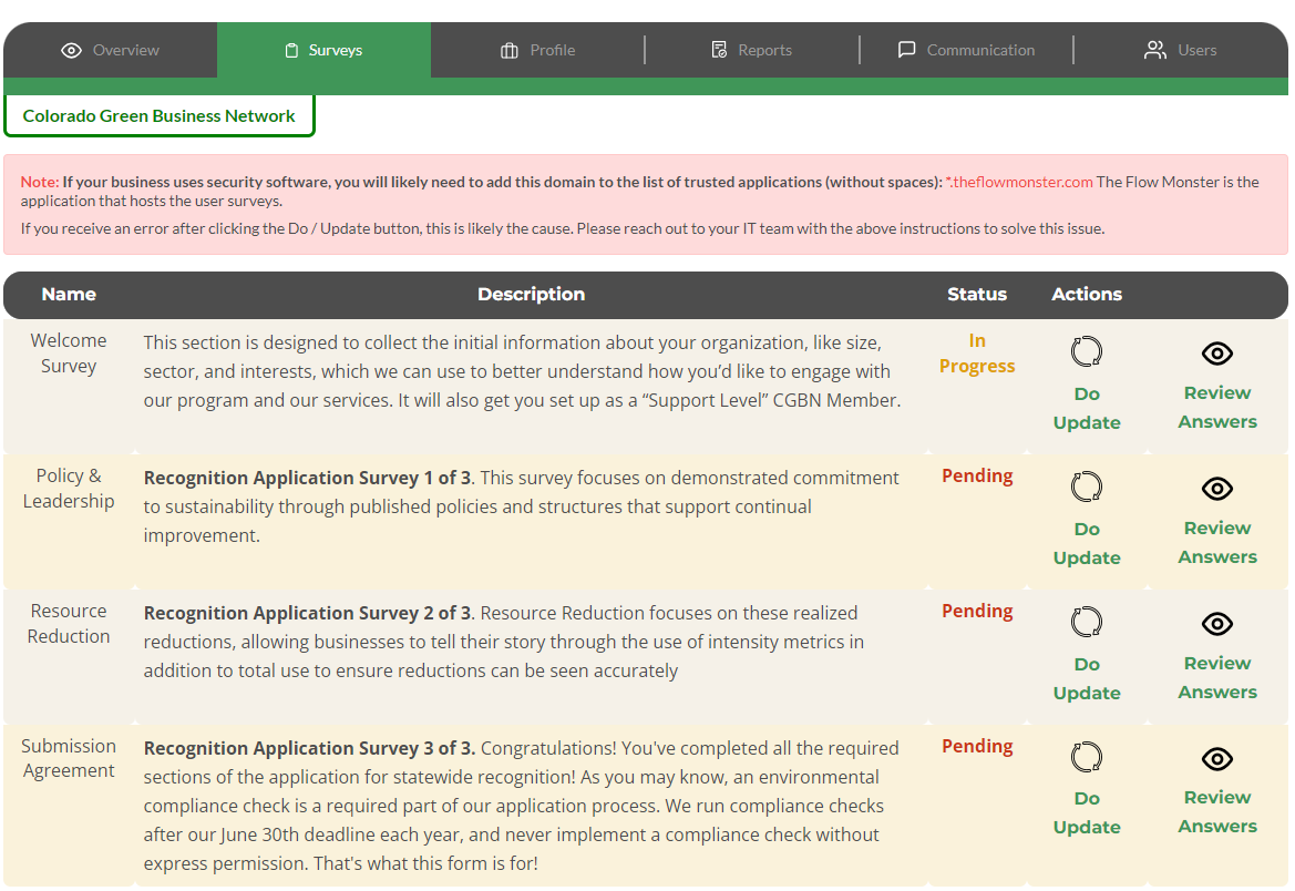 Colorado Green Business Network surveys screenshot