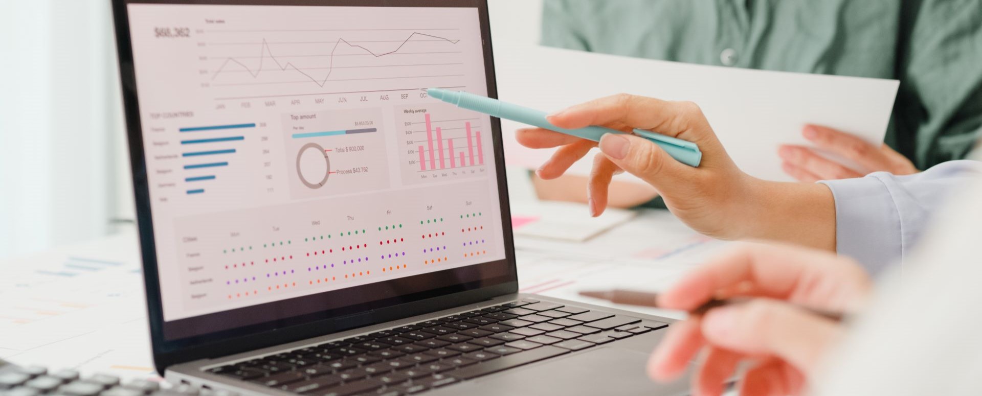 Closeup of a laptop showing data during a meeting.