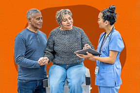 woman speaks with a a doctor while her husband stands at her side holding her hand supportively