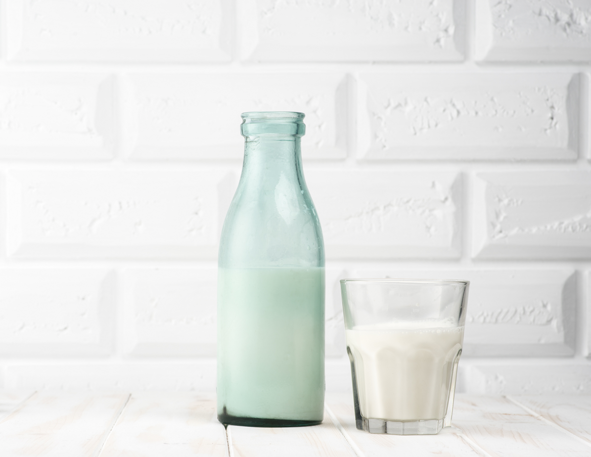 Milk bottle and glass