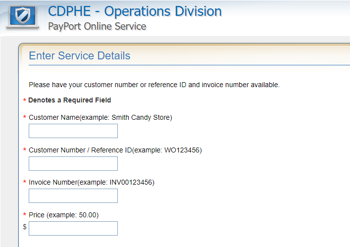 PayPort screen showing Customer Name, Customer Number, and Invoice fields