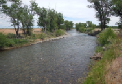 An improved segment of the Alamosa River through new head gates for irrigation diversion and improved headwall structures that reduce erosion.